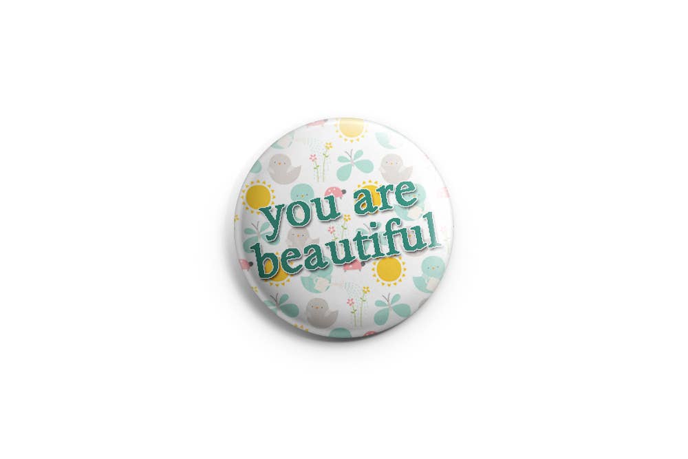 Prickly Cactus Collage - You Are Beautiful Pinback Button/ Badge - Agricola Street Books