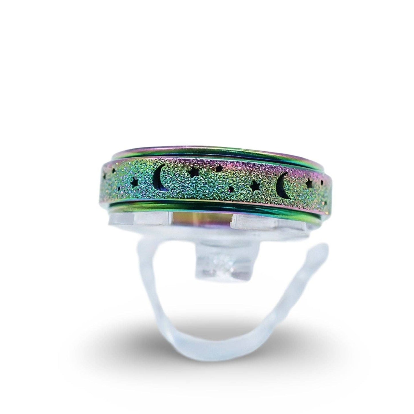 Arômes & Évasions - Rotating Ring - Stress Anxiety Relief - Stainless Steel - Rainbow Moon and Star