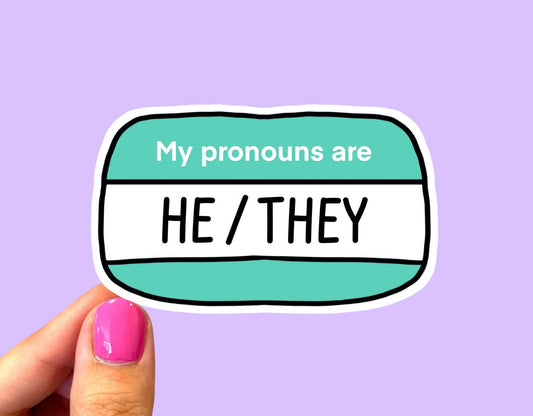 Radical Buttons - My pronouns are he/they, Pronoun sticker, Pride sticker - Agricola Street Books