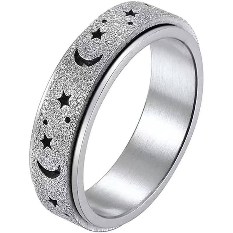Arômes & Évasions - Rotating Ring - Stress Anxiety Relief - Stainless Steel - Silver Moon and Star - Agricola Street Books