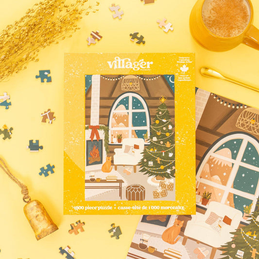 Villager Christmas puzzle packaging on a yellow background with puzzle pieces and a mug.