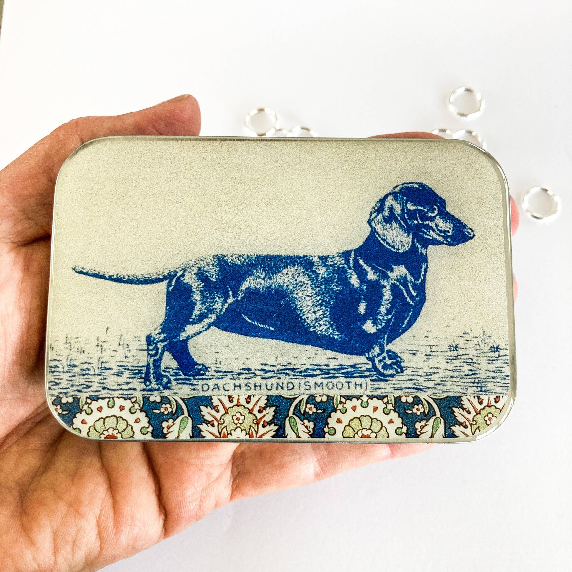 Firefly Notes - Dachshund notions tin, stitch marker tin - Agricola Street Books