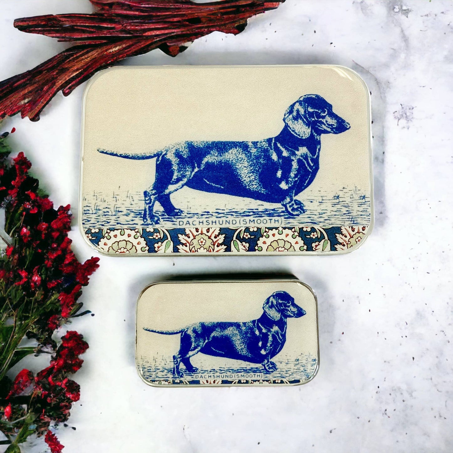 Firefly Notes - Dachshund notions tin, stitch marker tin - Agricola Street Books