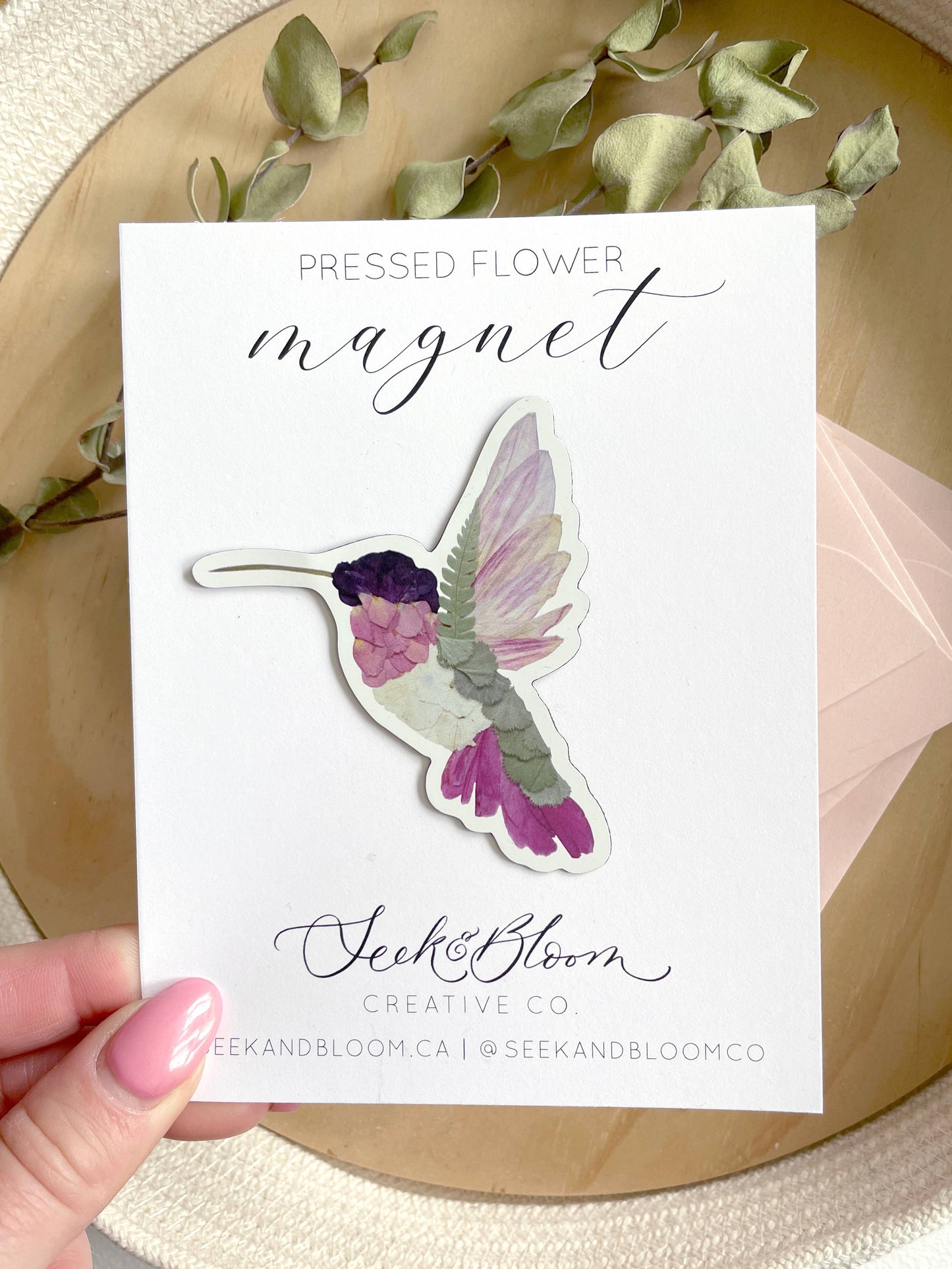 Seek & Bloom Creative Co. - Hummingbird, Pressed Flower Art, 3" Magnet - Agricola Street Books