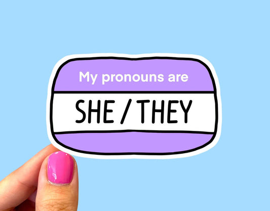 Radical Buttons - My pronouns are she/they, Pronoun sticker, Pride sticker - Agricola Street Books