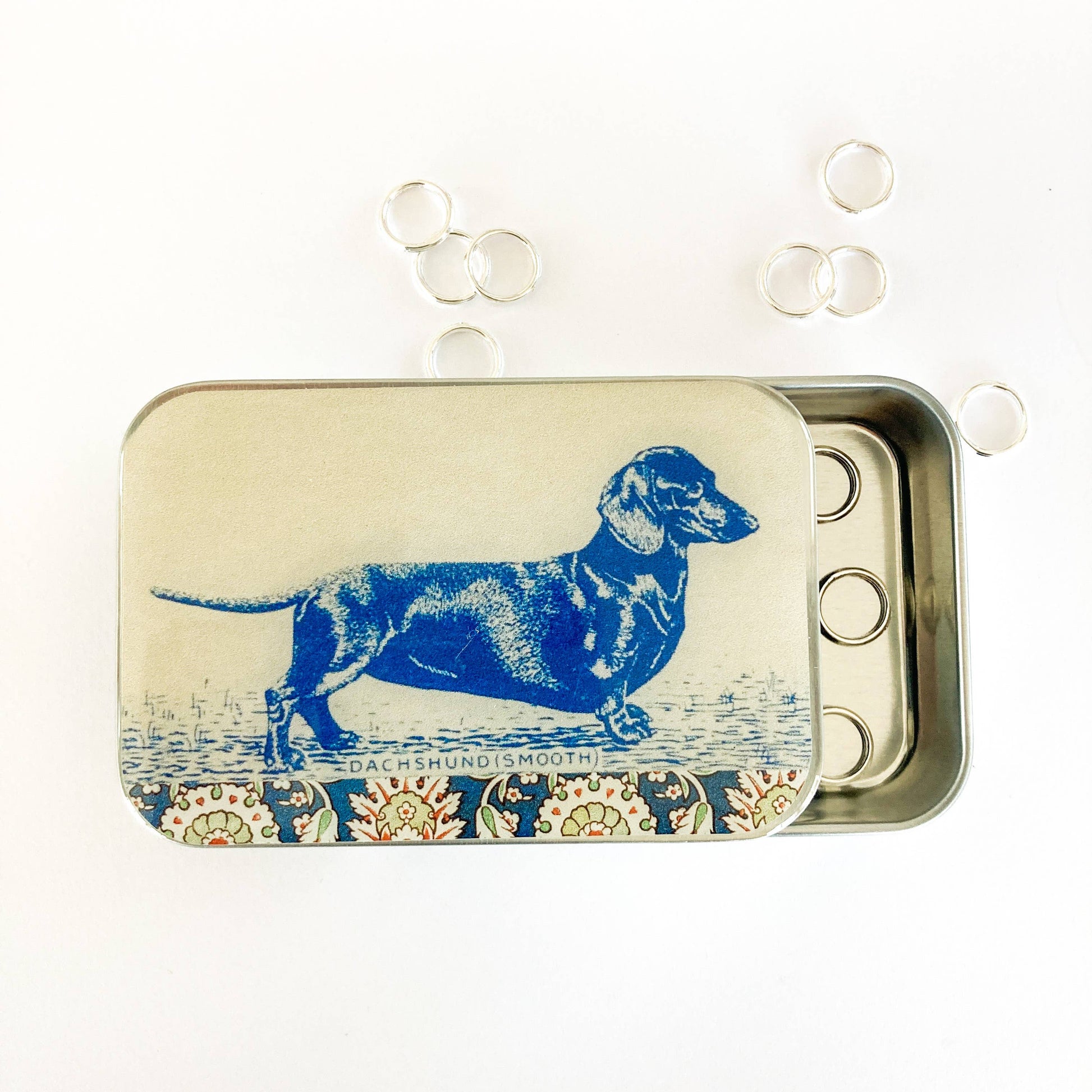 Firefly Notes - Dachshund notions tin, stitch marker tin - Agricola Street Books