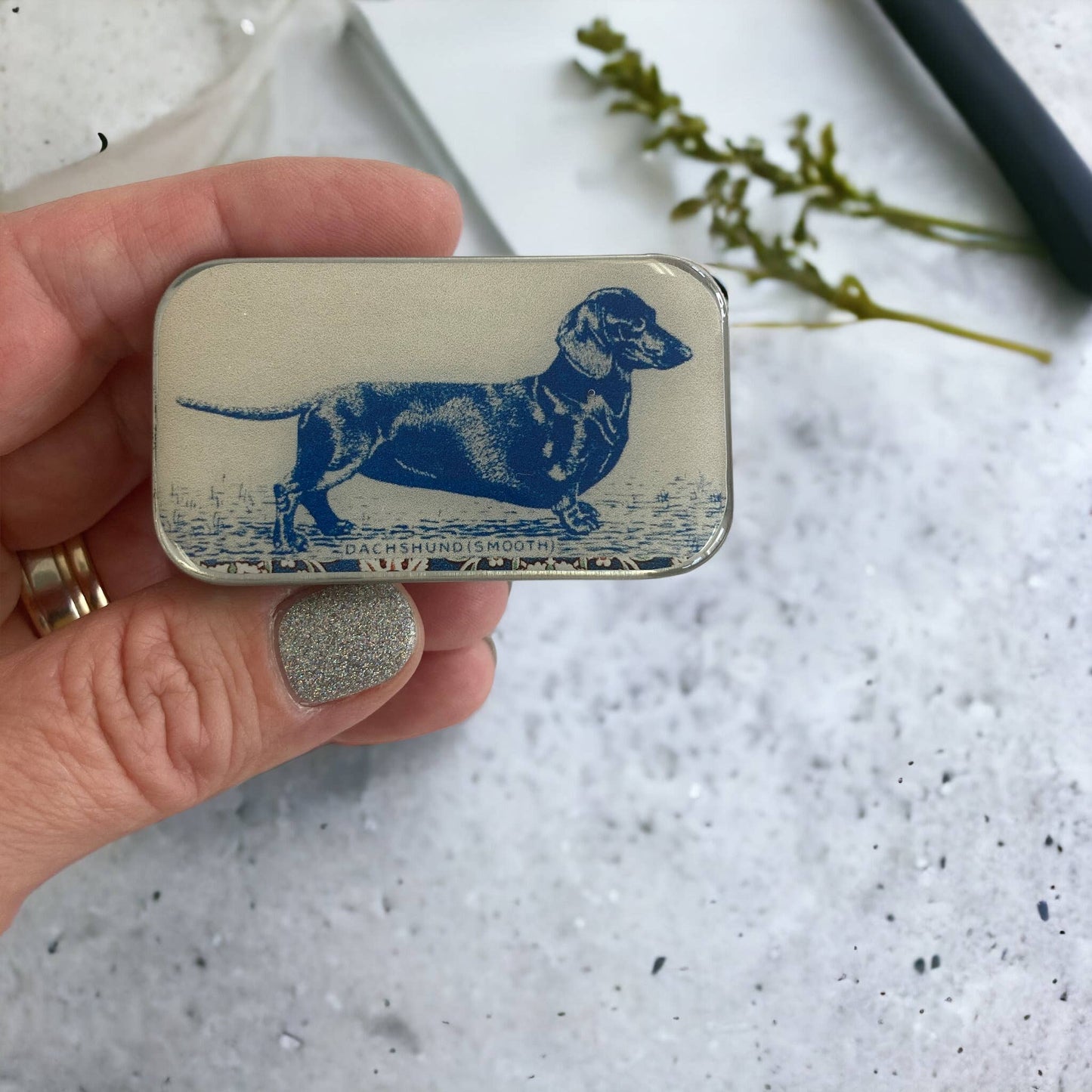 Firefly Notes - Dachshund notions tin, stitch marker tin - Agricola Street Books