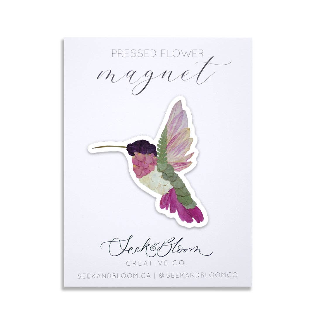 Seek & Bloom Creative Co. - Hummingbird, Pressed Flower Art, 3" Magnet - Agricola Street Books