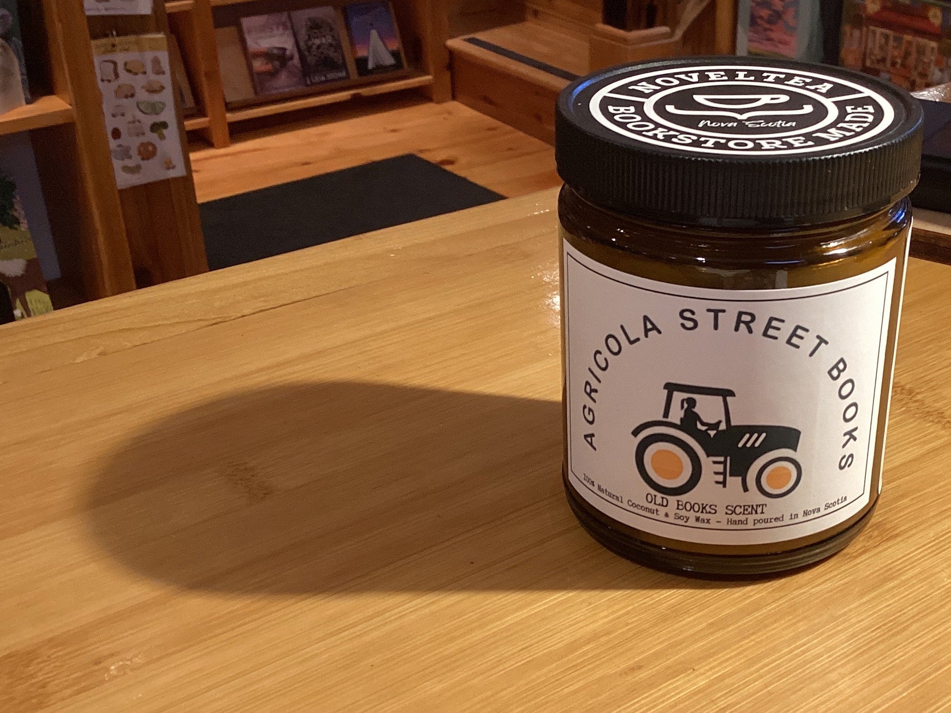 jar candle with bookstore label on it