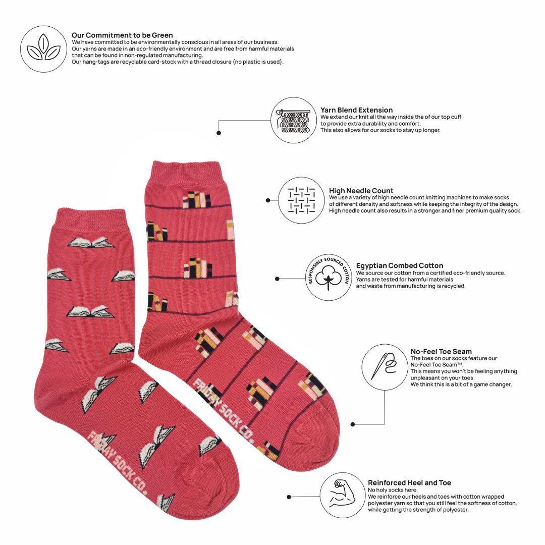 Friday Sock Co. - Women's Library Crew Socks - Book Lover Book Club Gift