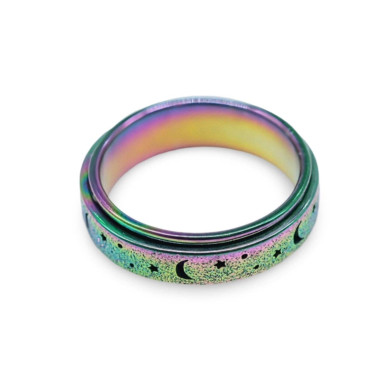 Arômes & Évasions - Rotating Ring - Stress Anxiety Relief - Stainless Steel - Rainbow Moon and Star