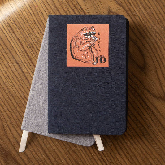 Stay Home Club - Patched Linen Notebook - Scrappy Raccoon