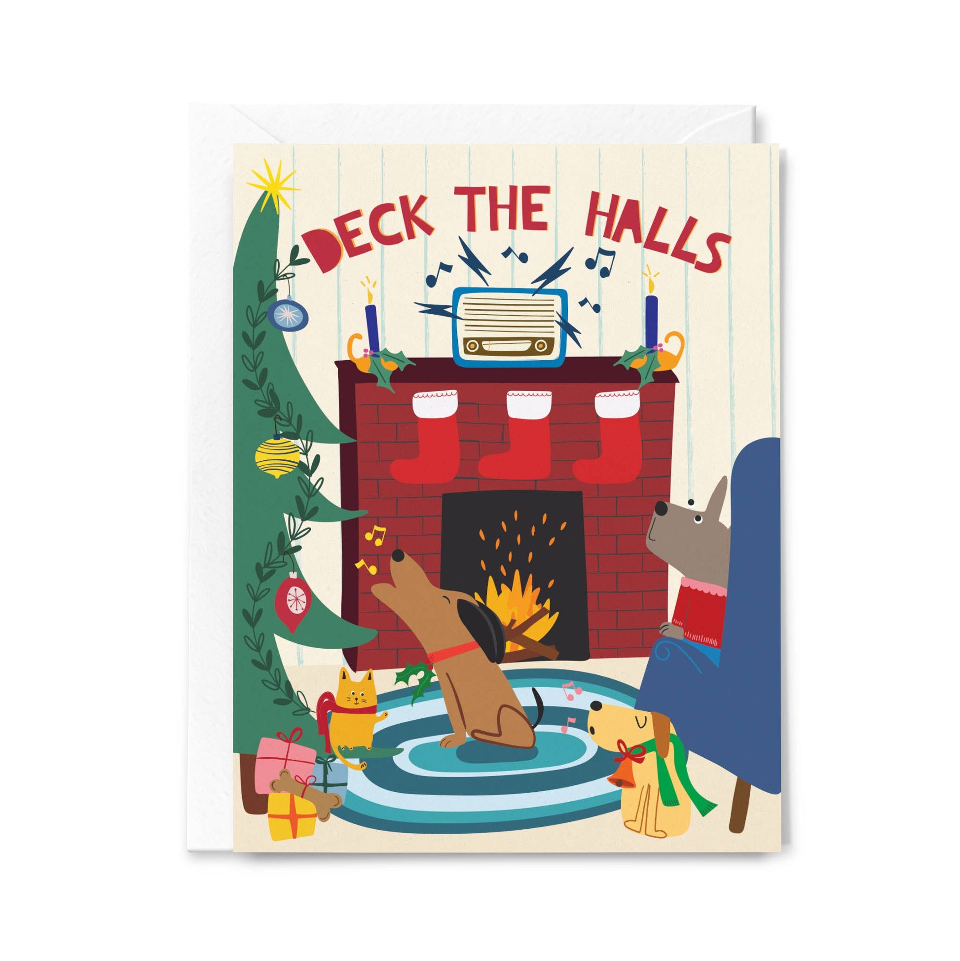 Happy Just Happy - Doggy Carolers by the Fireplace Holiday Card - Agricola Street Books