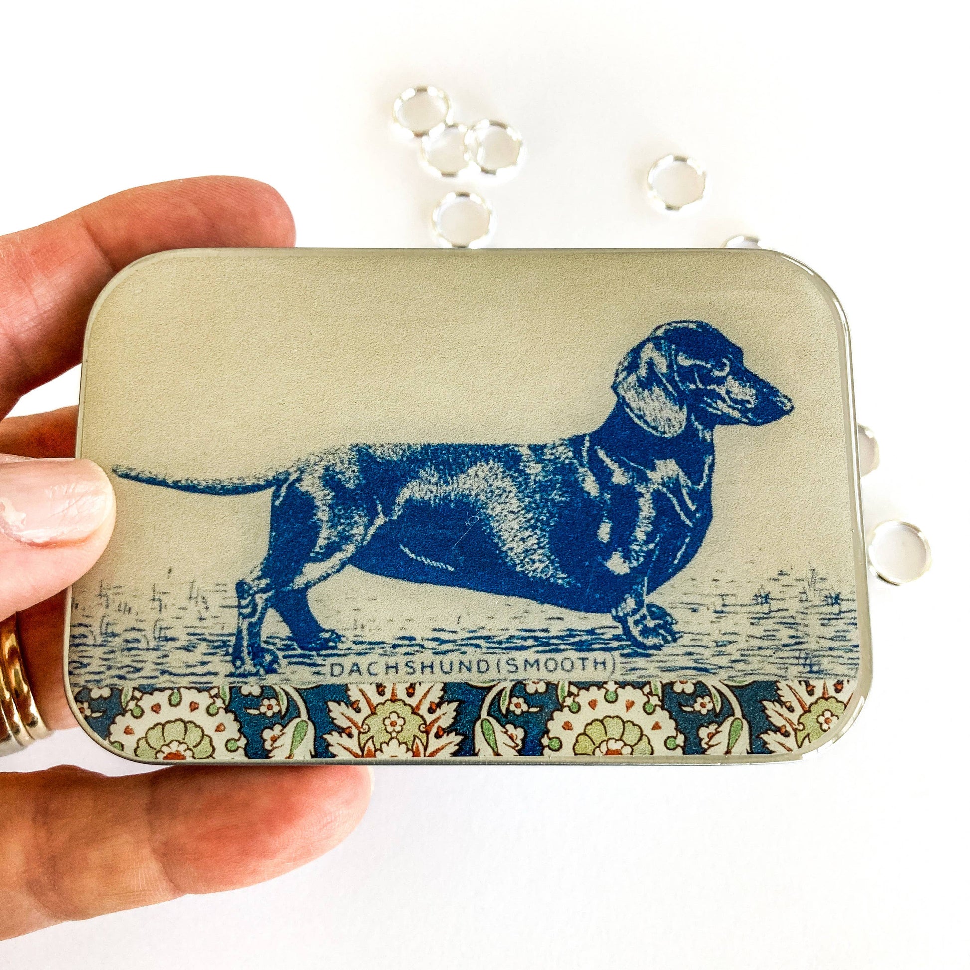 Firefly Notes - Dachshund notions tin, stitch marker tin - Agricola Street Books