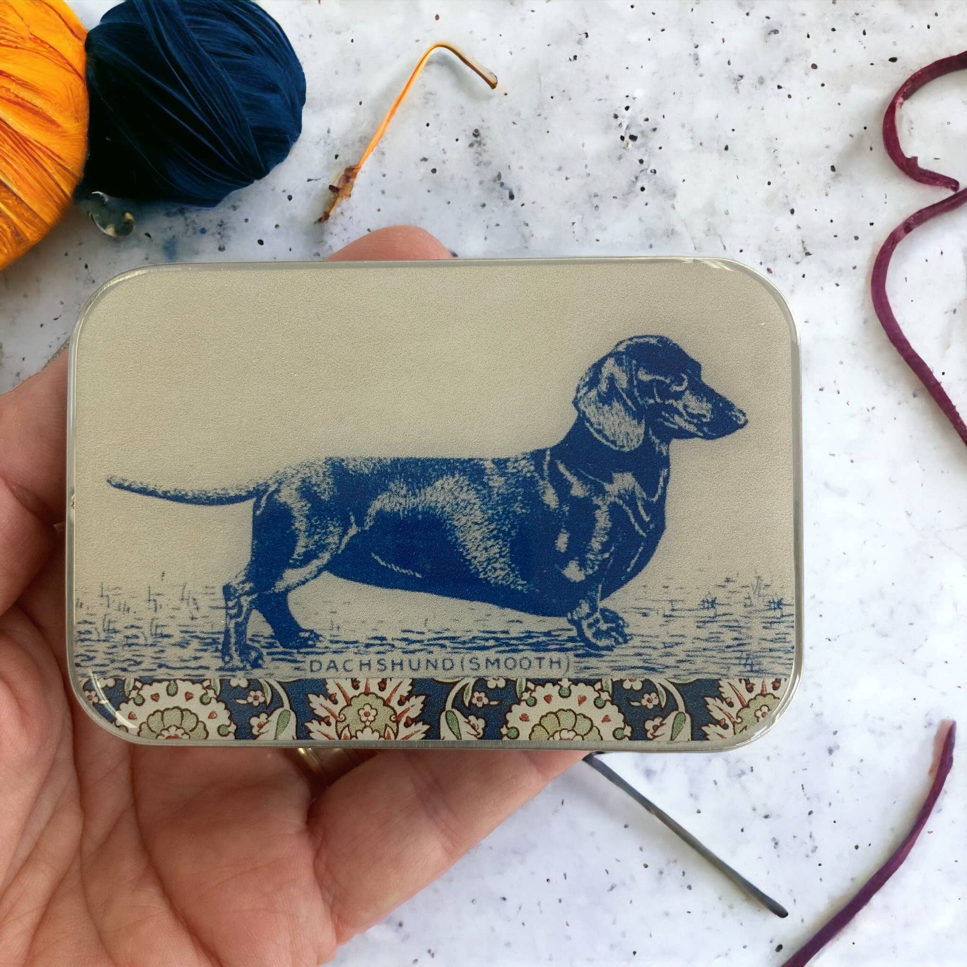 Firefly Notes - Dachshund notions tin, stitch marker tin - Agricola Street Books