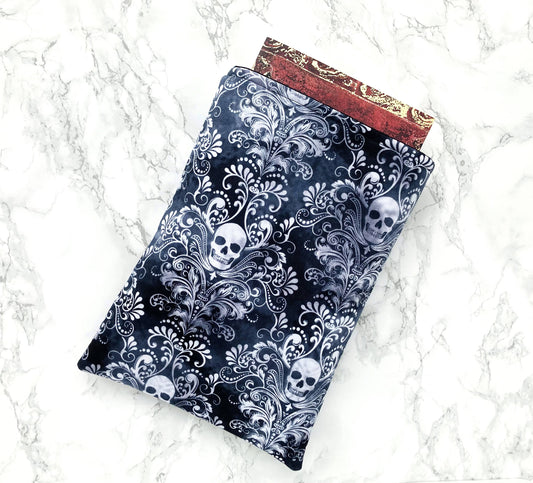 Padded book sleeve, e-reader cover: Large (Skull Damask)