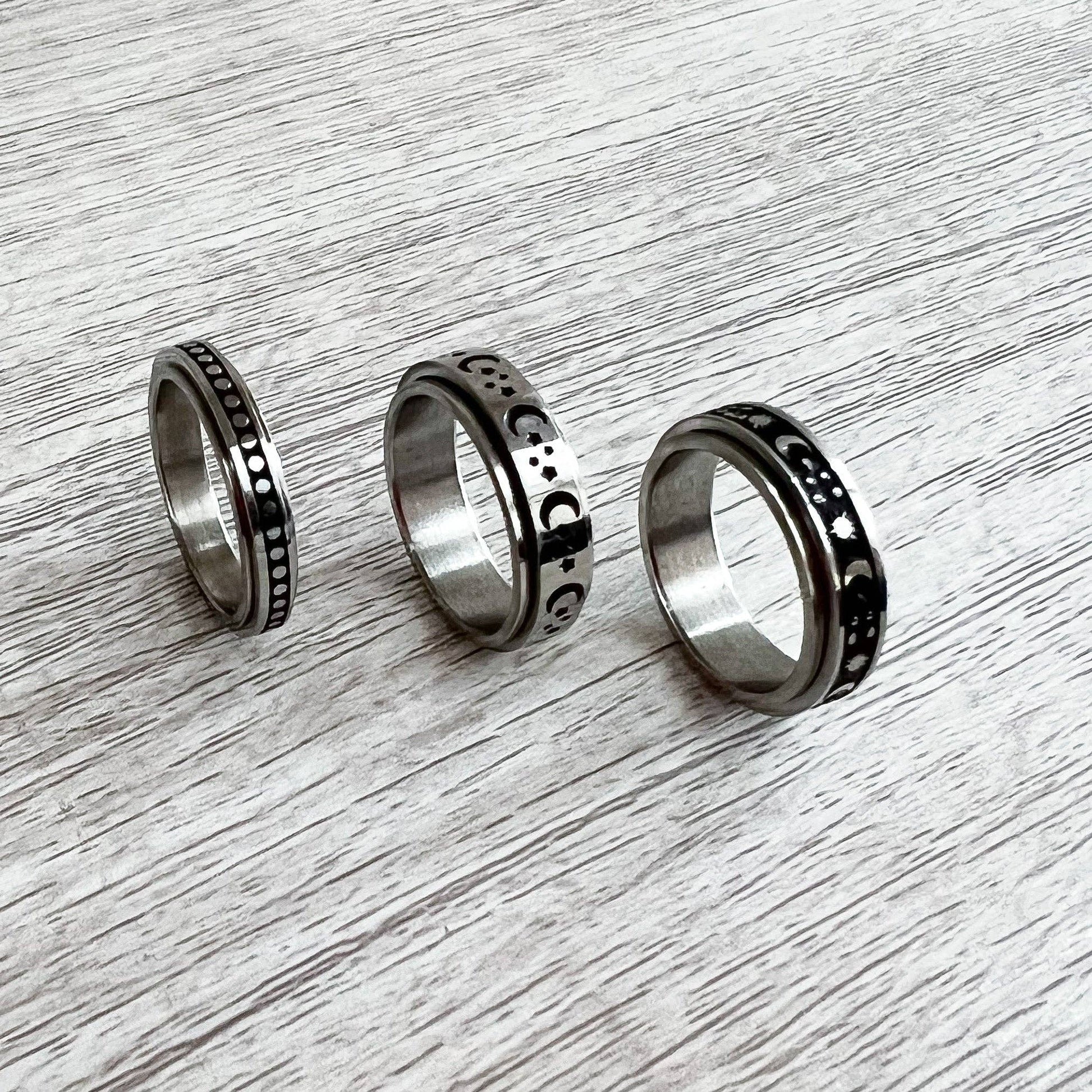 Sweettine Wholesale - Stainless Steel Stamped Spinner Fidget Rings - Agricola Street Books
