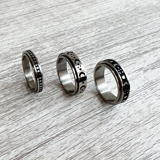 Sweettine Wholesale - Stainless Steel Stamped Spinner Fidget Rings - Agricola Street Books