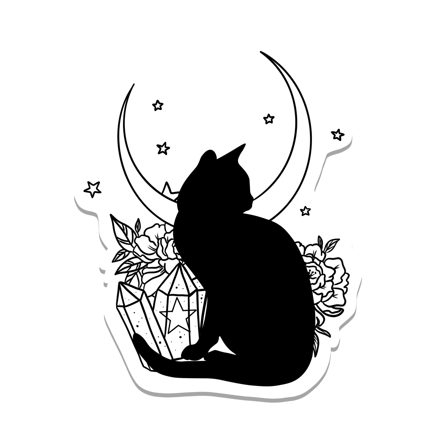 Rebel and Siren - Black Cat with Moon and Crystals Vinyl Sticker | 3"